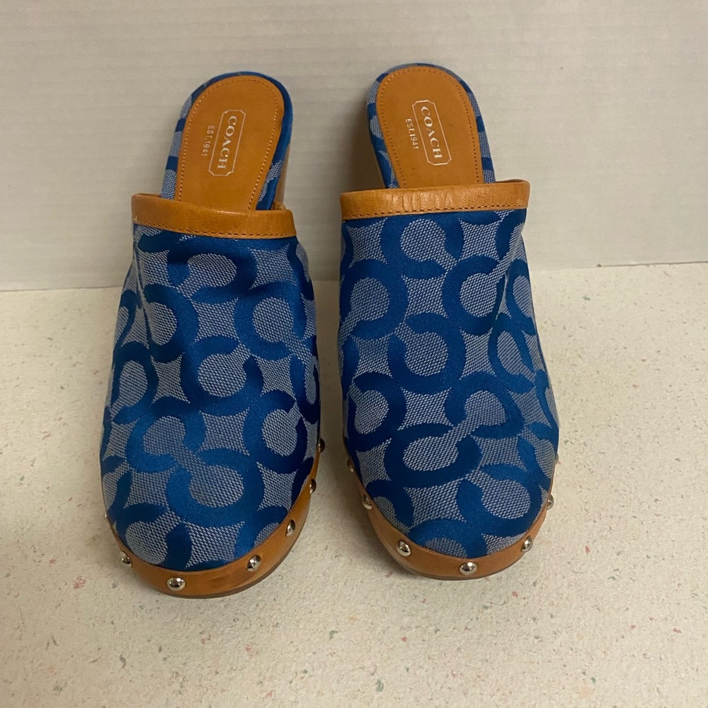 Coach VTG Bacall Blue Signature Pattern Wood-Platform Clogs - Picture 3 of 8
